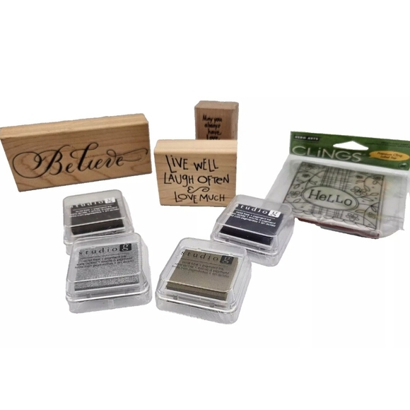 4 Stamps 4 Pigment Pads Believe Hello Live Love Laugh Blessing New NIP NWT - Picture 2 of 6